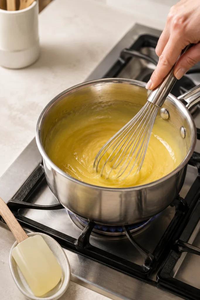 Lemon curd being whisked in a saucepan on a stovetop over gentle heat.