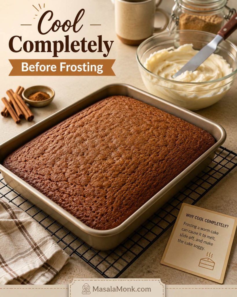 Unfrosted spice cake cooling in a 9x13 pan on a wire rack with a bowl of frosting and spatula nearby.
