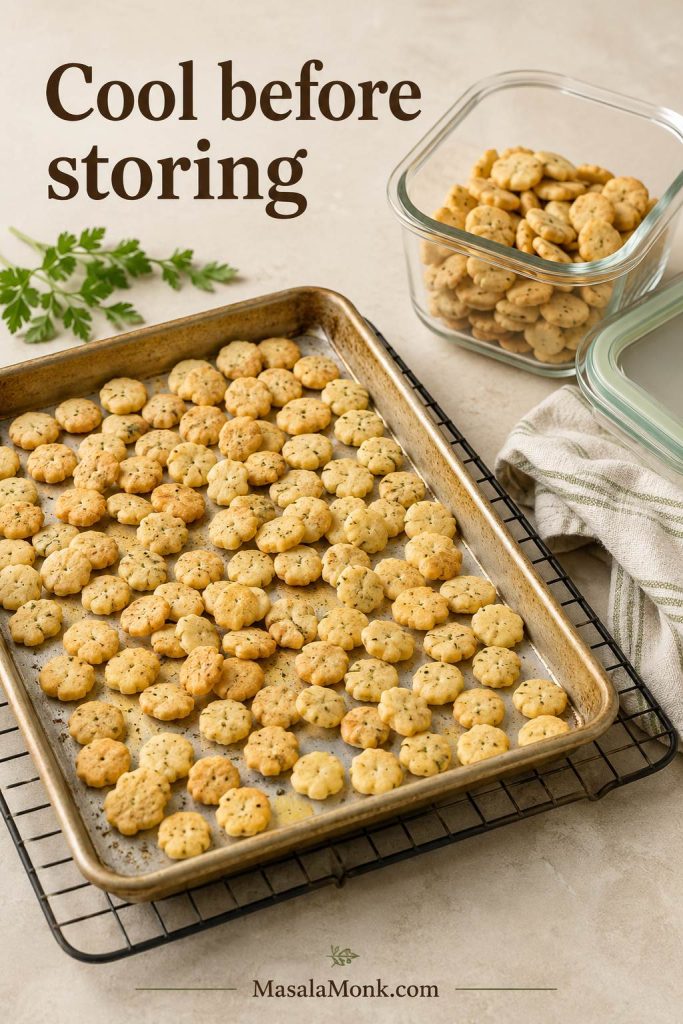 Ranch oyster crackers cooling on a sheet pan beside an open glass storage container and lid.