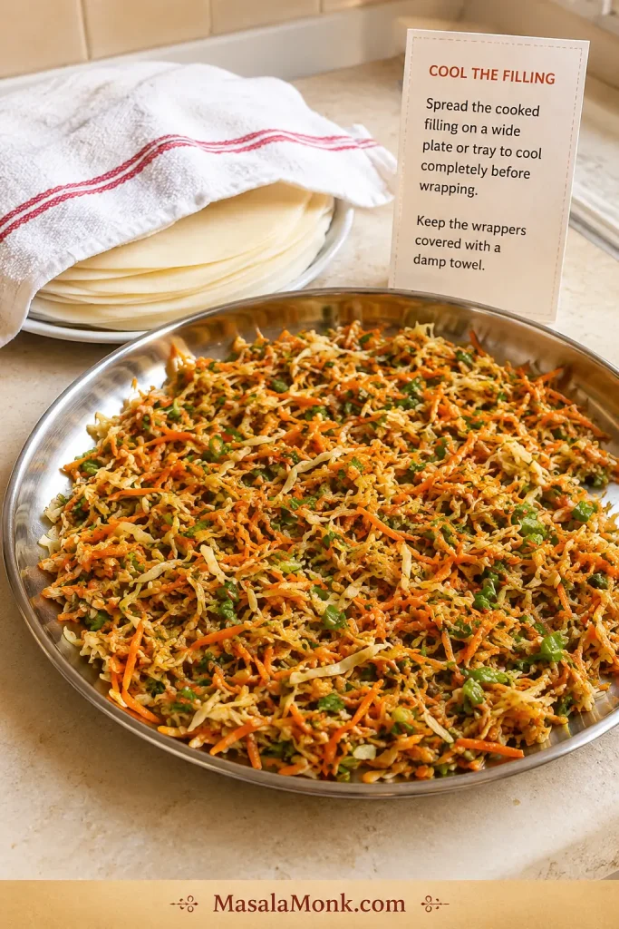 Cooked spring roll filling spread on a tray to cool, with wrappers nearby under a towel.
