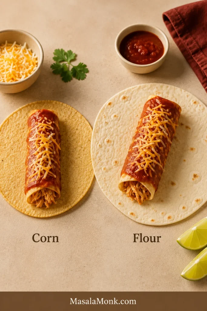 Corn and flour tortillas compared side by side, each topped with a small rolled chicken enchilada, red sauce, and shredded cheese.