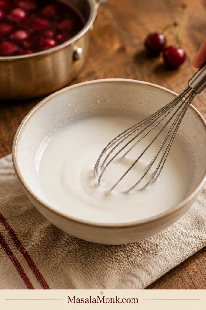 A small whisk stirring a smooth white cornstarch slurry in a ceramic bowl on a kitchen towel.