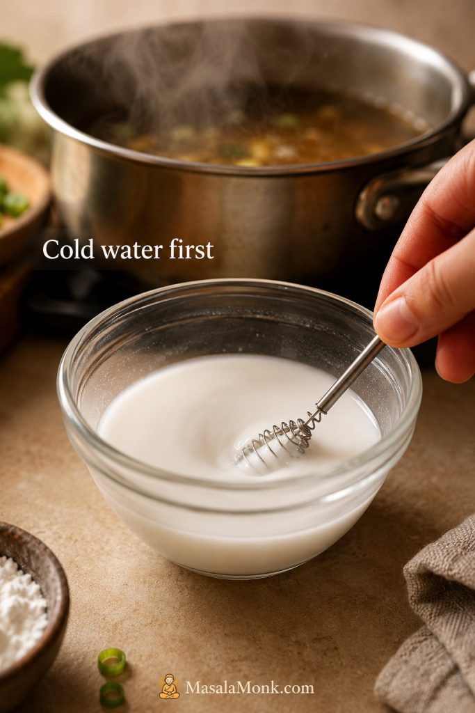 Cornstarch slurry being stirred with cold water in a small glass bowl for Egg Foo Young gravy.