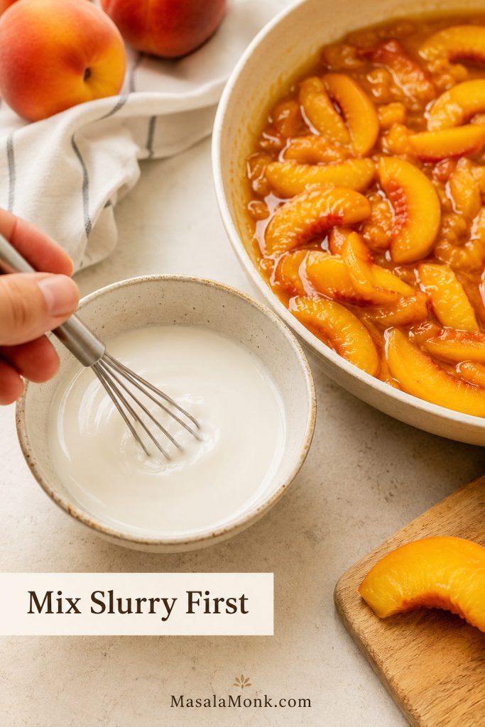 Cornstarch slurry being whisked in a small bowl beside a bowl of peach filling.