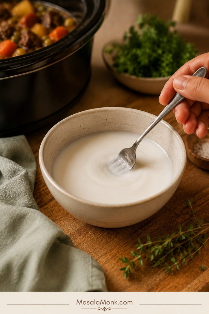 A small bowl of smooth cornstarch slurry being stirred with a spoon on a kitchen counter.