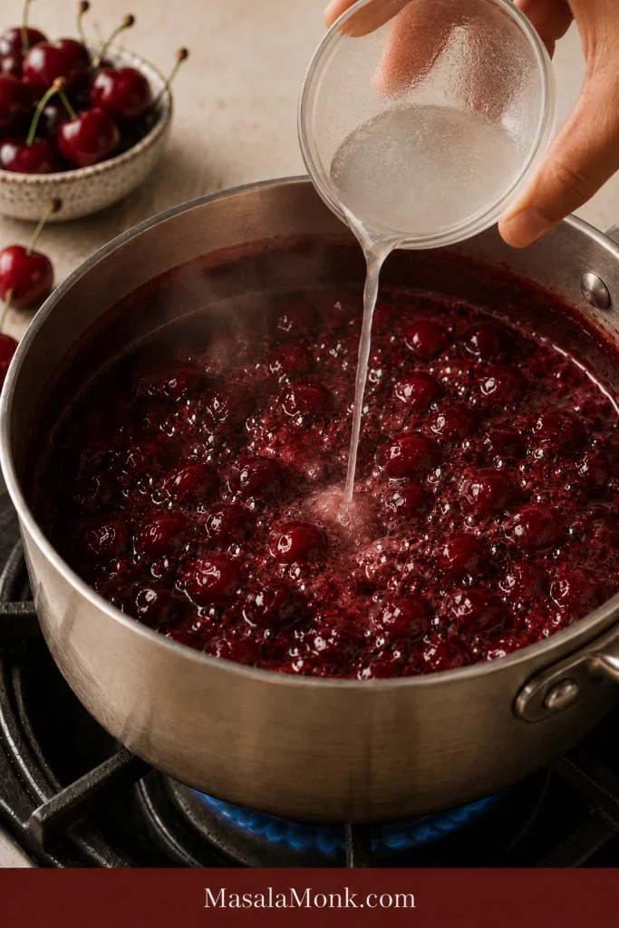 Thin cornstarch slurry being poured into bubbling cherries in a saucepan.
