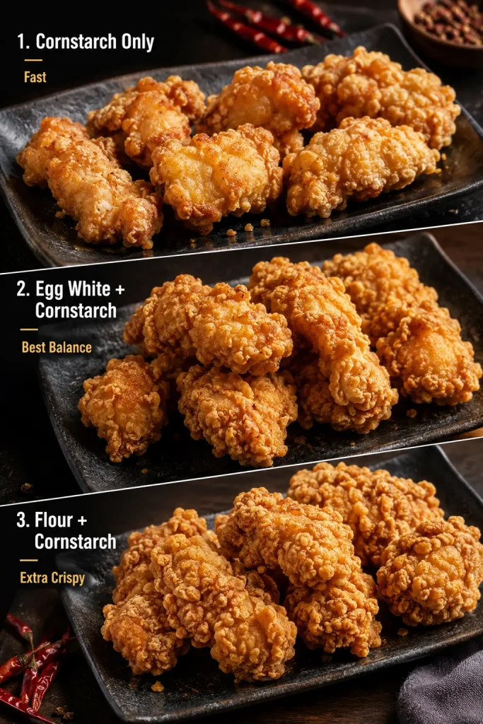 Three-panel comparison of fried chicken coatings labeled cornstarch only, egg white plus cornstarch, and flour plus cornstarch.