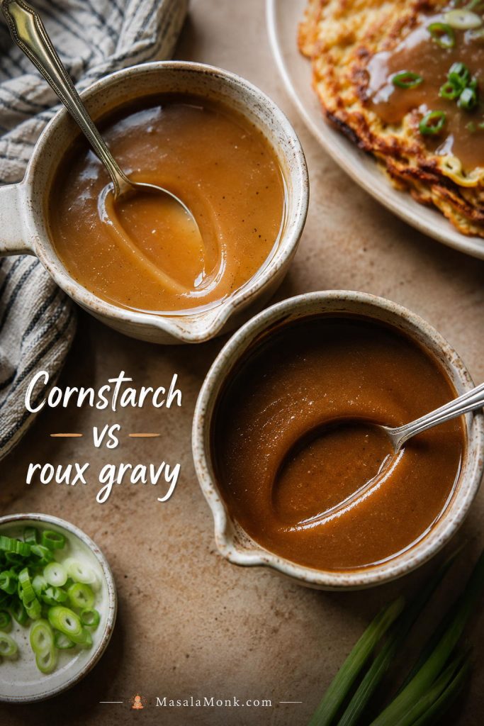 Two bowls of brown gravy showing a glossy cornstarch gravy and a thicker roux-style gravy with spoon trails.