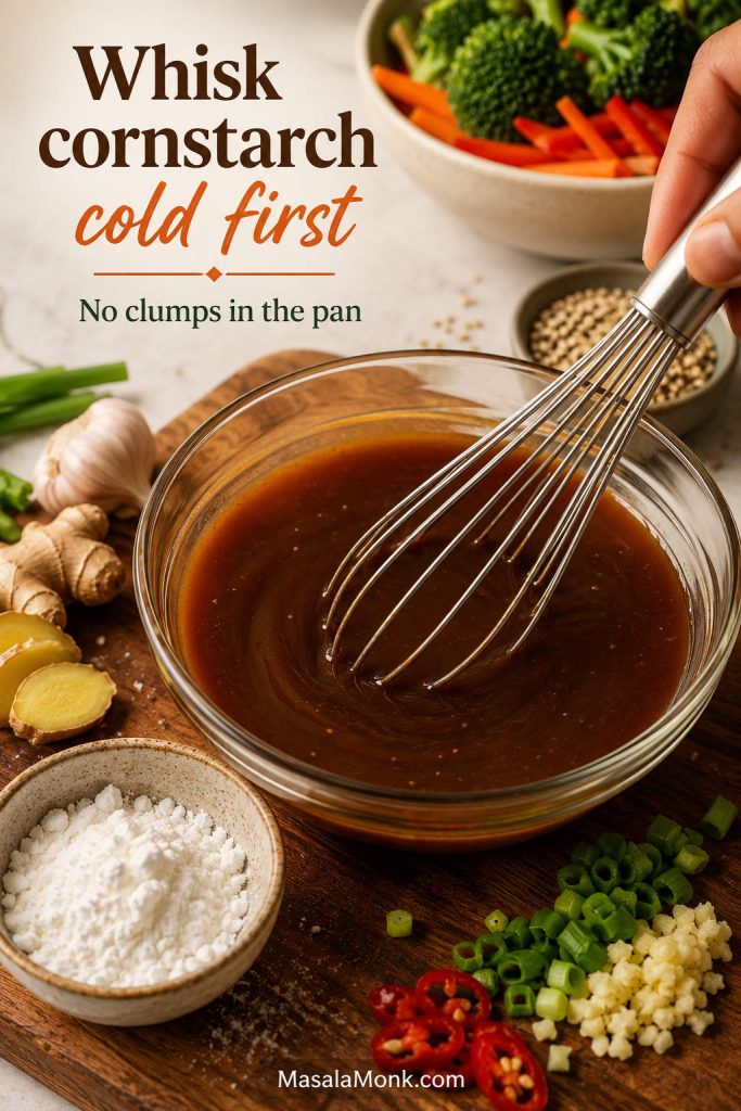 Bowl of brown stir fry sauce being whisked with visible text reading “Whisk cornstarch cold first” and “No clumps in the pan.”