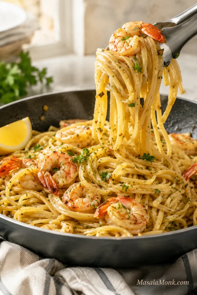 Tongs lifting shiny shrimp scampi pasta with shrimp, parsley, and lemon in a skillet.