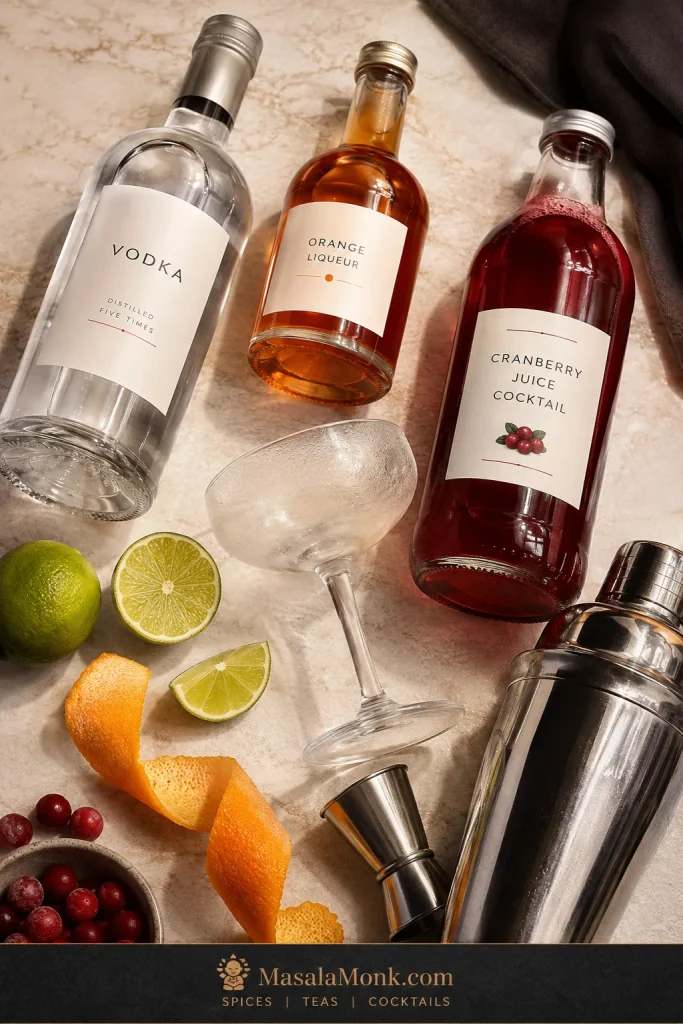 Cosmopolitan ingredients with vodka, orange liqueur, cranberry juice, lime, orange peel, shaker, and coupe glass.