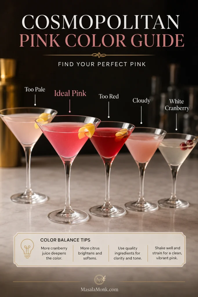 Cosmopolitan color guide showing pale, ideal pink, deep red, cloudy, and white cranberry versions.
