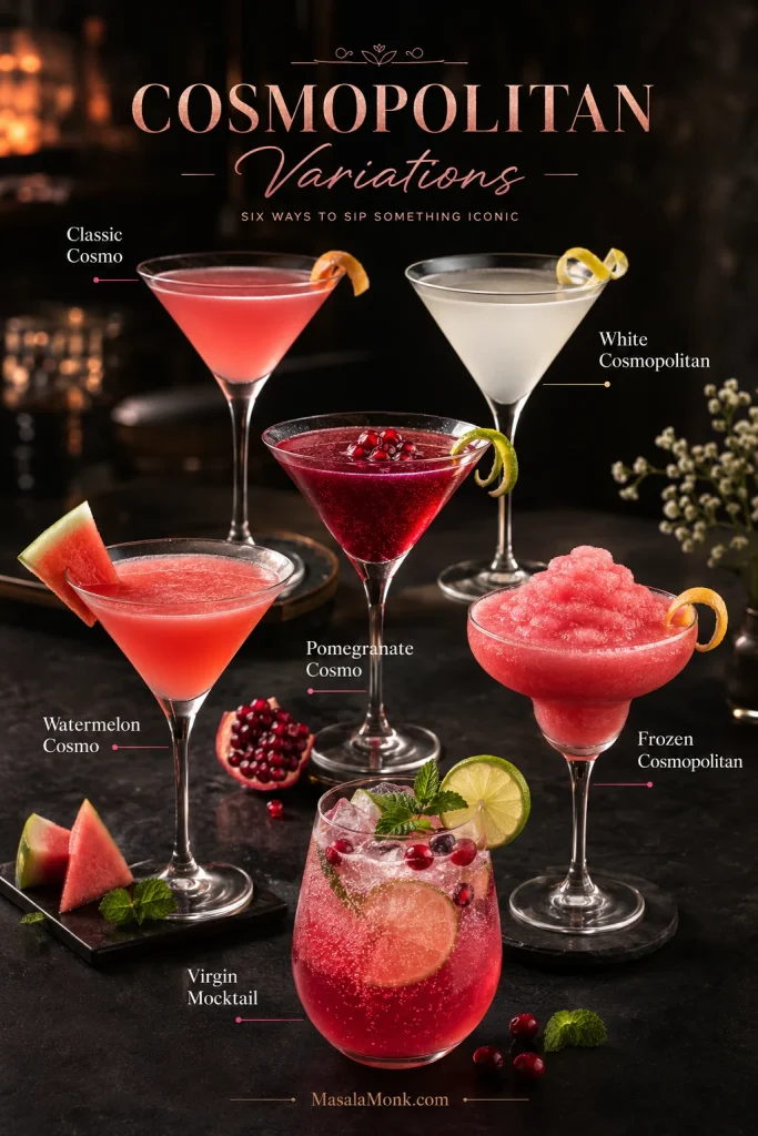 Cosmopolitan variations board with classic, white, pomegranate, watermelon, frozen, and virgin mocktail versions.