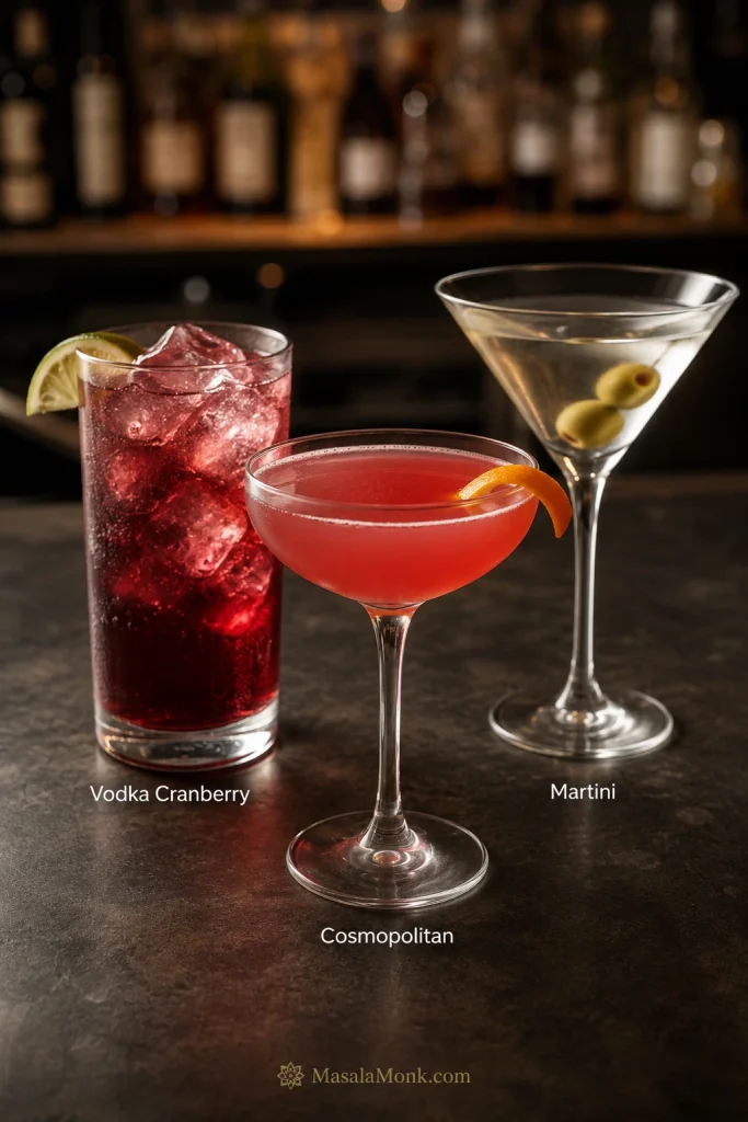 Cosmopolitan, vodka cranberry, and martini displayed side by side in different cocktail glasses.