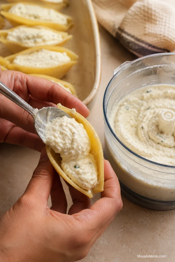 A jumbo pasta shell being filled with smooth blended cottage cheese mixture.