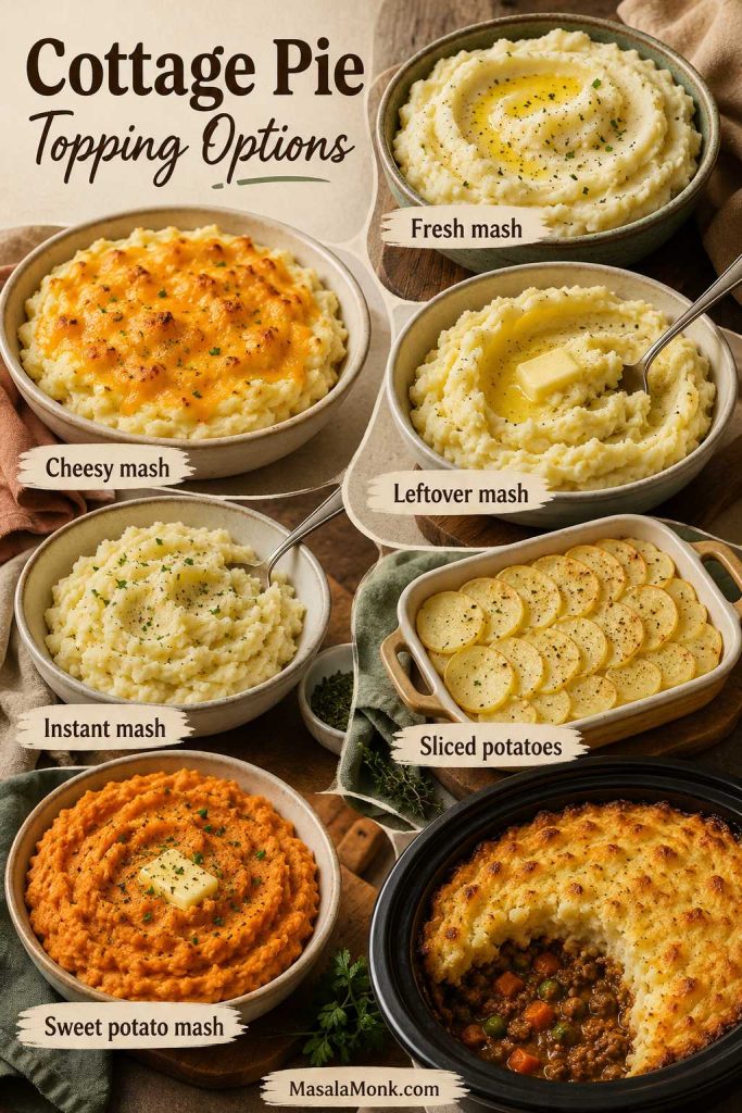 Topping options board showing fresh mash, cheesy mash, leftover mash, instant mash, sliced potatoes, sweet potato mash, and finished cottage pie.