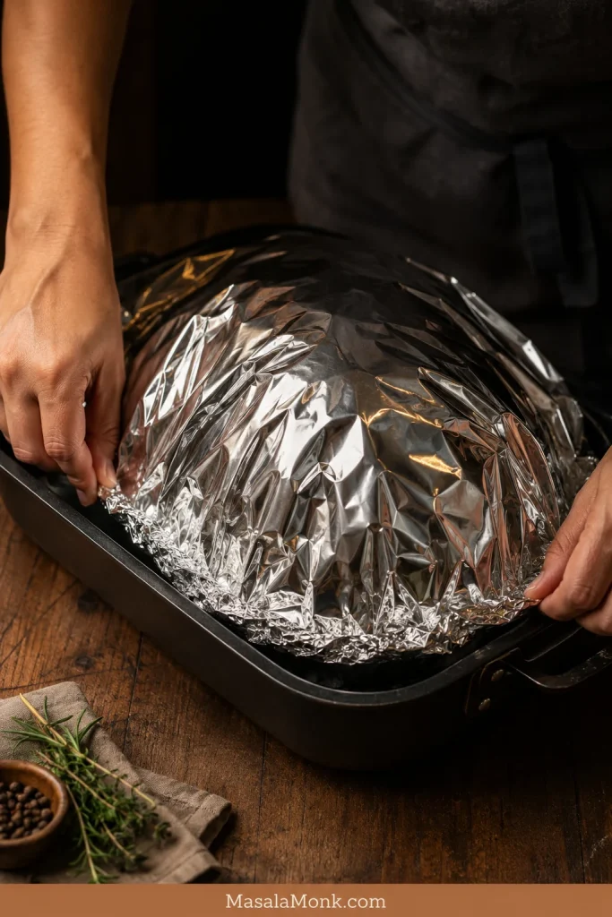 Hands covering a spiral ham tightly with foil in a roasting pan before reheating.