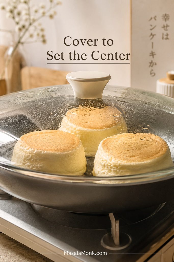 Japanese soufflé pancakes cooking under a clear glass lid with steam and condensation.