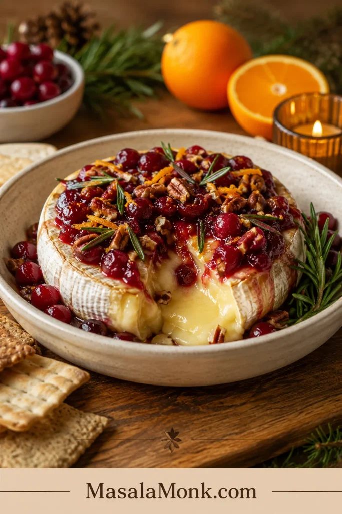 Cranberry baked brie with pecans, orange zest, rosemary, crackers, and melted cheese in a cream dish.