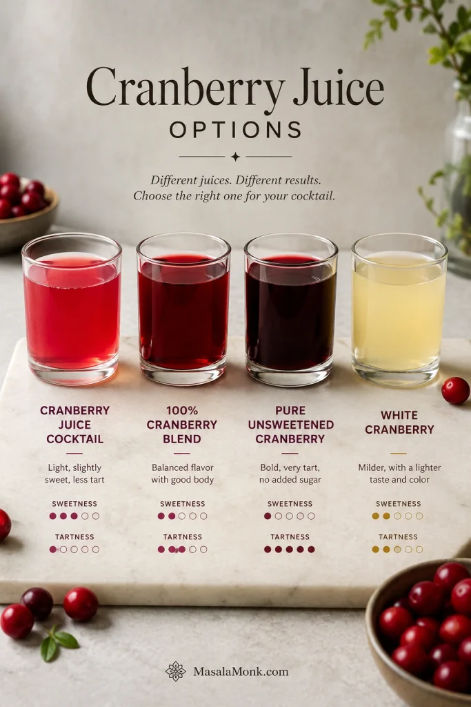 Cranberry juice options for a Cosmopolitan, including cranberry cocktail, unsweetened cranberry, and white cranberry.