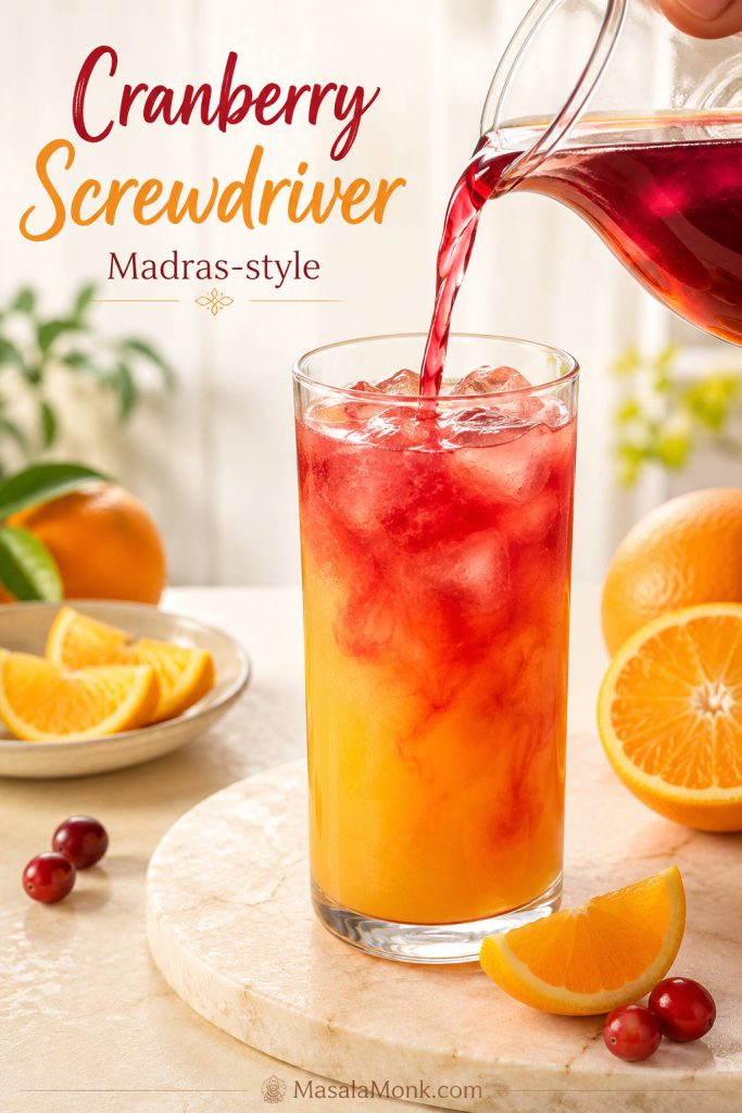 Cranberry juice being poured into an orange Screwdriver cocktail, creating a red-orange swirl in a tall glass with ice.