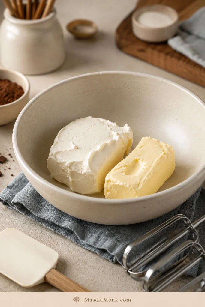 Cool-soft cream cheese and softened butter holding their shape in a mixing bowl before beating.