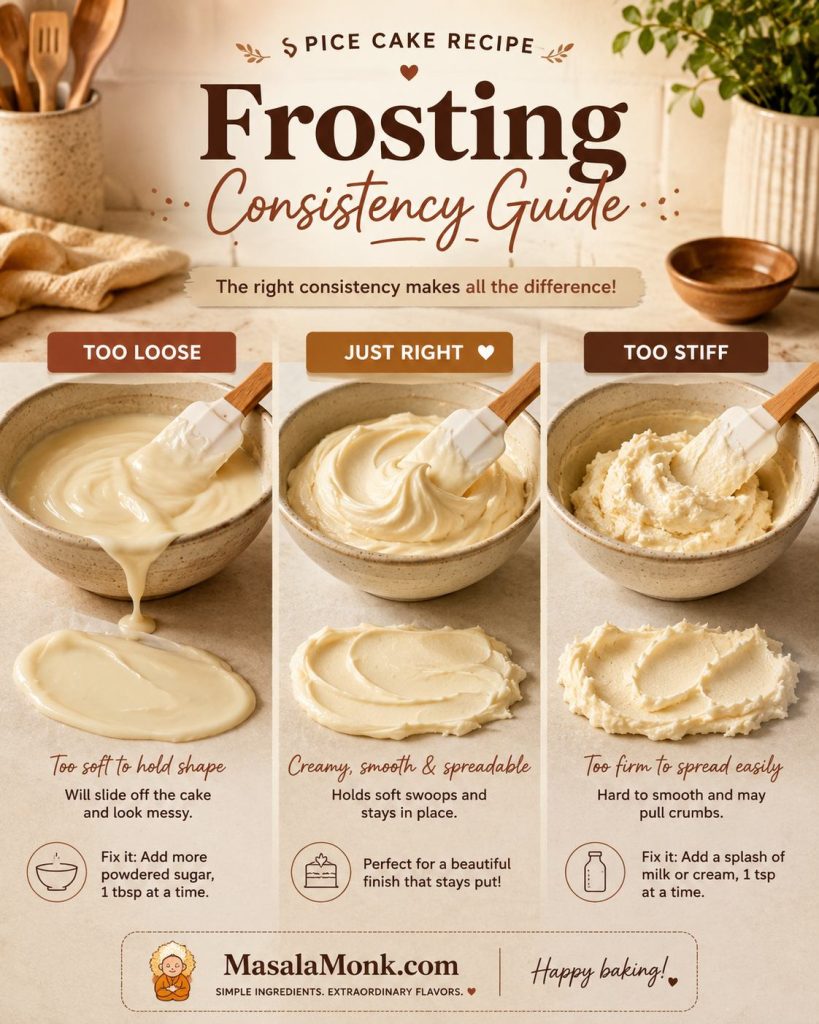 Frosting consistency guide with three bowls showing too loose, just right, and too stiff cream cheese frosting textures.
