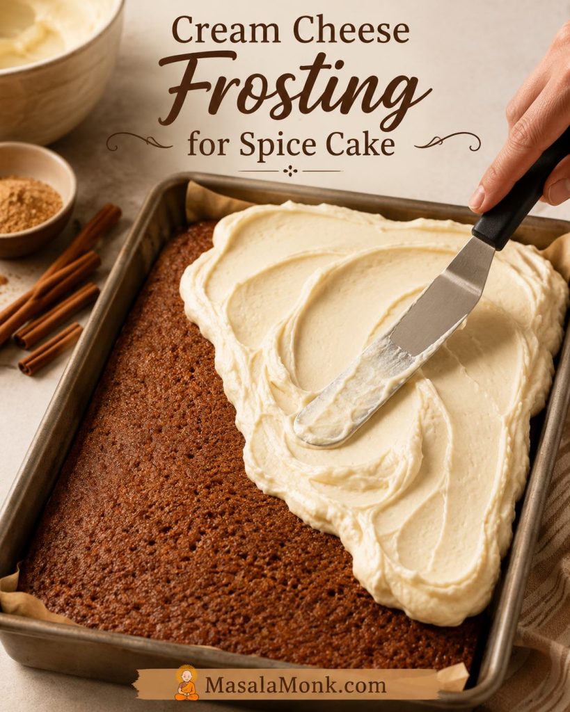 Cream cheese frosting being spread with an offset spatula over a cooled spice cake in a rectangular pan.
