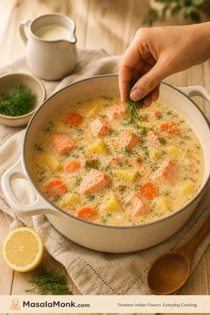 Creamy salmon soup in a pot being finished with fresh dill and lemon, with salmon, potatoes, and carrots visible.