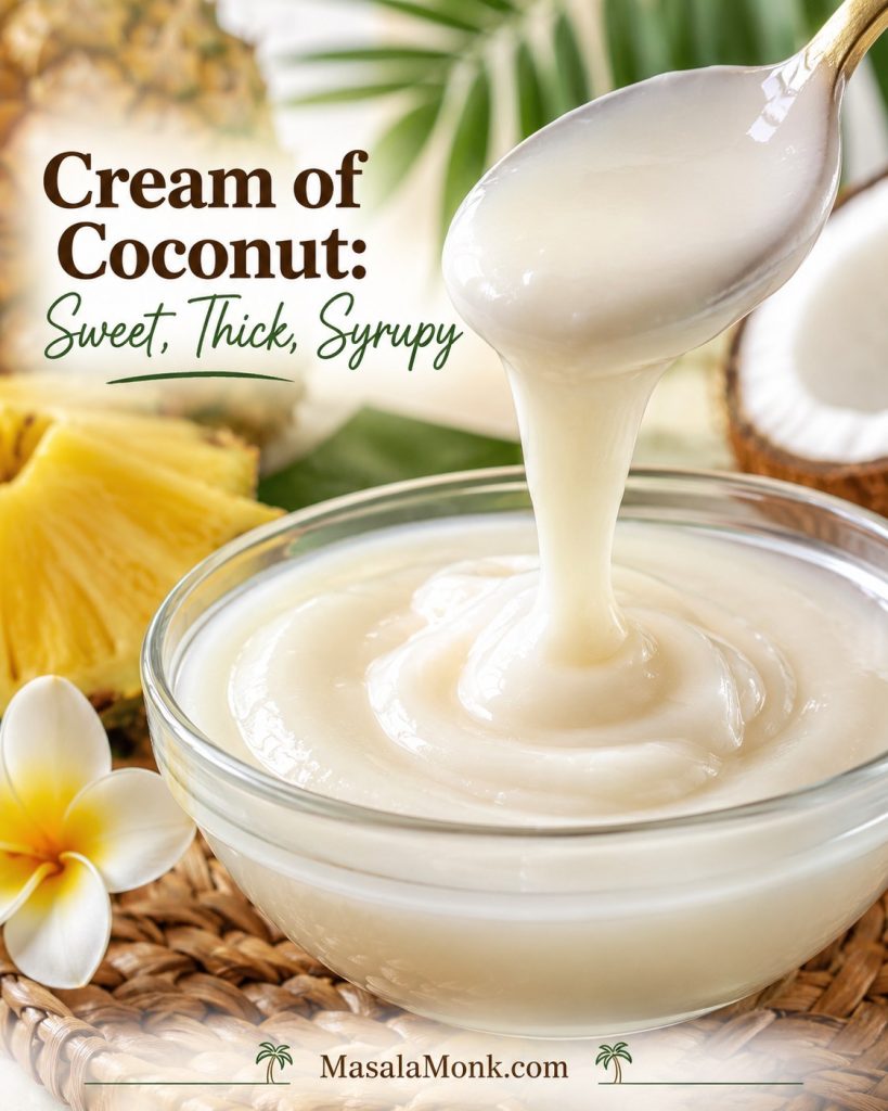 Close-up of thick cream of coconut being poured slowly, showing a glossy syrupy texture.