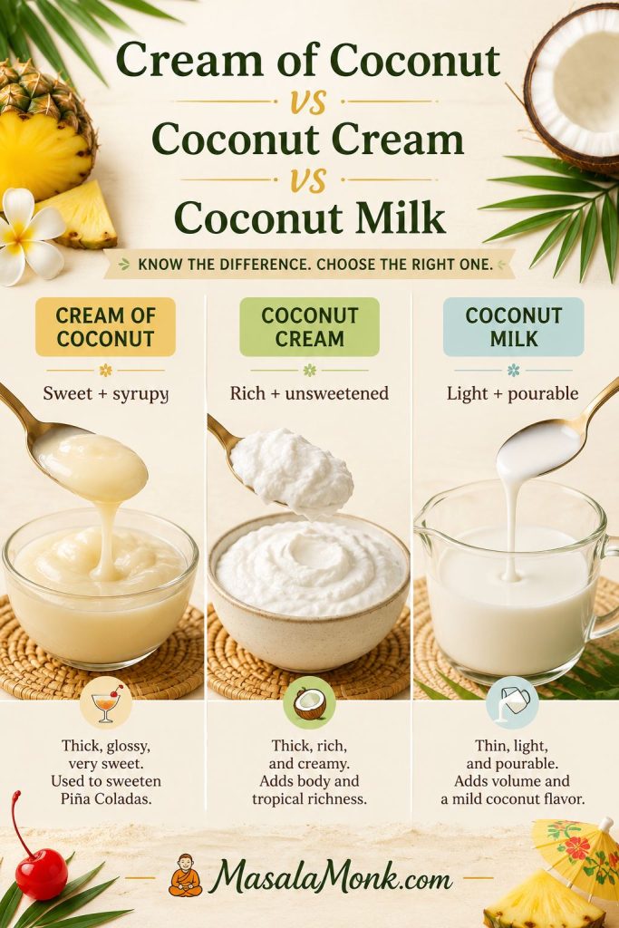 Comparison graphic showing cream of coconut, coconut cream, and coconut milk with texture and sweetness differences.
