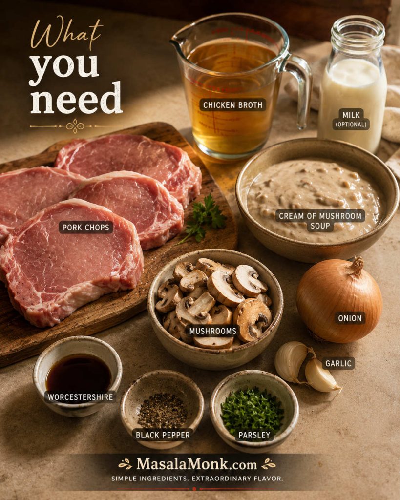 Ingredients for cream of mushroom pork chops, including pork chops, cream of mushroom soup, broth, mushrooms, onion, garlic, Worcestershire sauce, parsley, and black pepper.