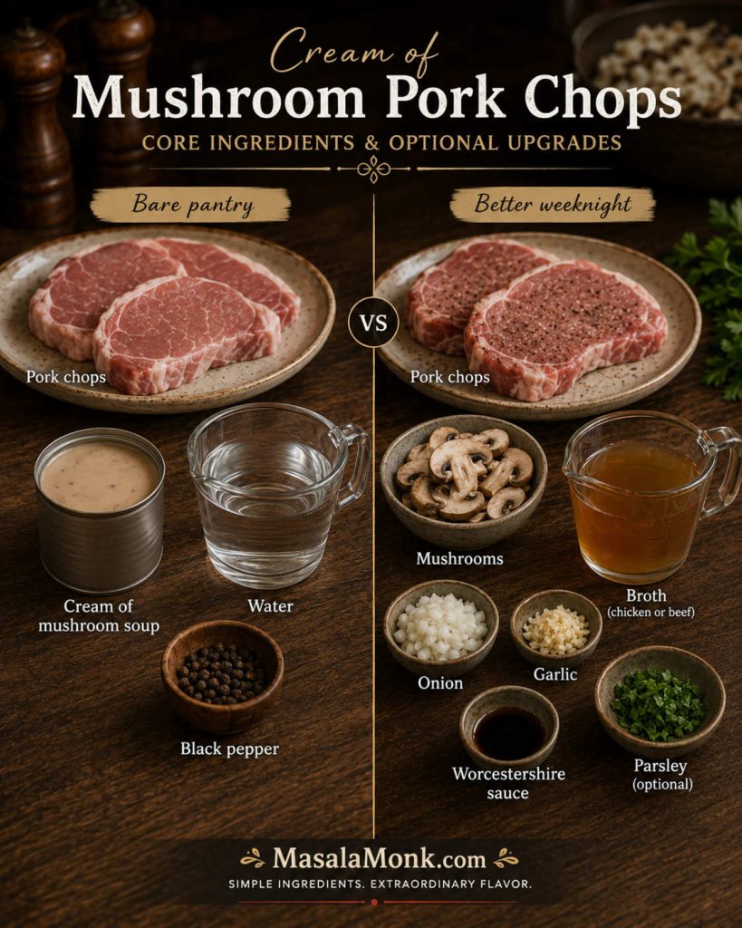 Split image comparing bare pantry pork chops with cream of mushroom soup, water, and pepper against an upgraded version with mushrooms, onion, garlic, broth, Worcestershire sauce, and parsley.