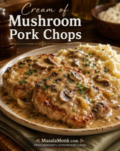 Cream of mushroom pork chops with glossy mushroom gravy, browned pork edges, sliced mushrooms, parsley, and mashed potatoes on a warm plate.
