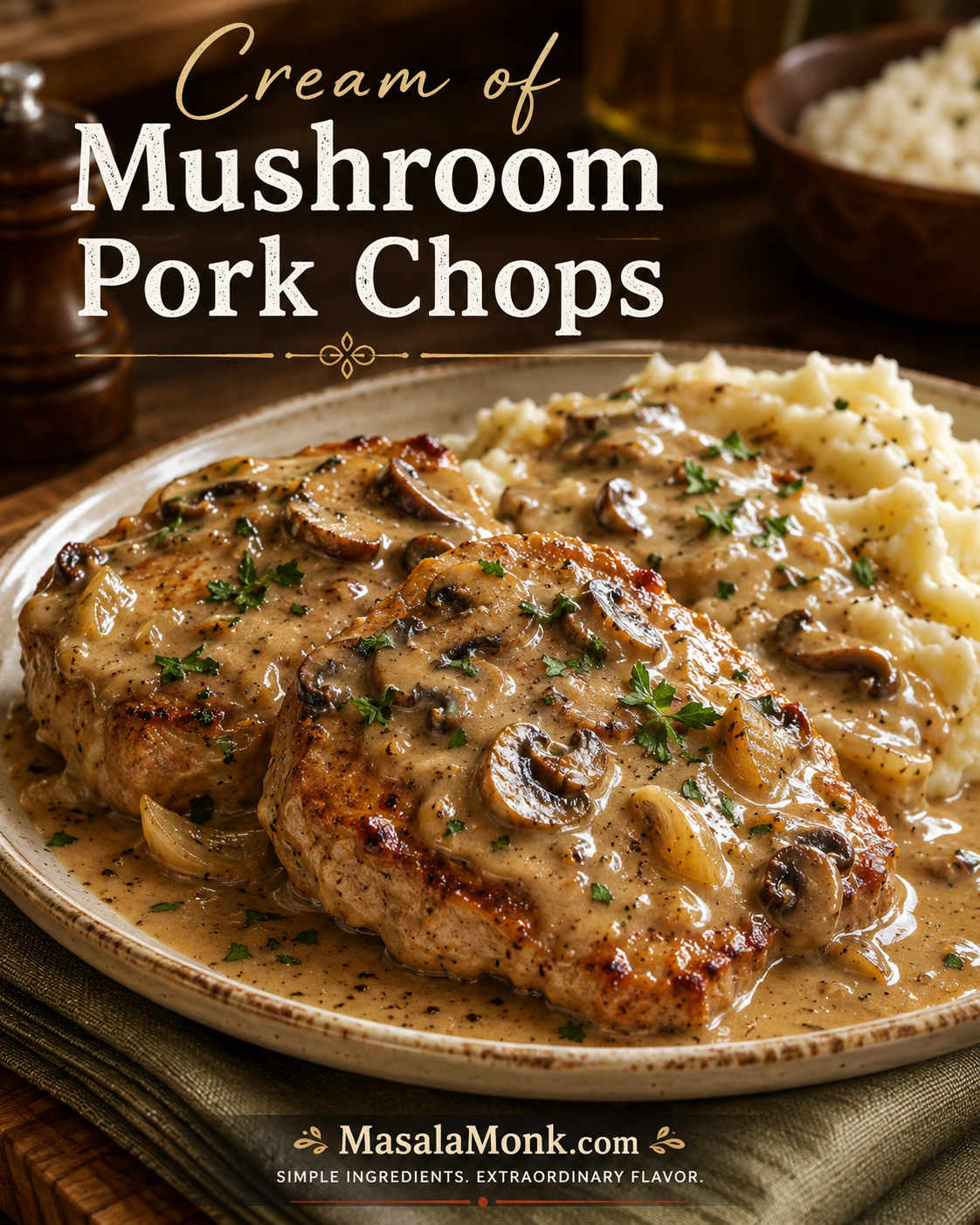 Cream of mushroom pork chops with glossy mushroom gravy, browned pork edges, sliced mushrooms, parsley, and mashed potatoes on a warm plate.