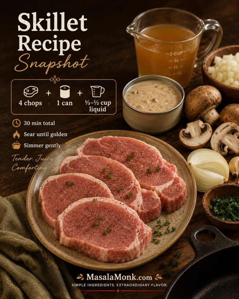Skillet recipe snapshot showing raw pork chops, cream of mushroom soup, broth, mushrooms, onion, herbs, and the formula four chops plus one can plus one-third to one-half cup liquid.