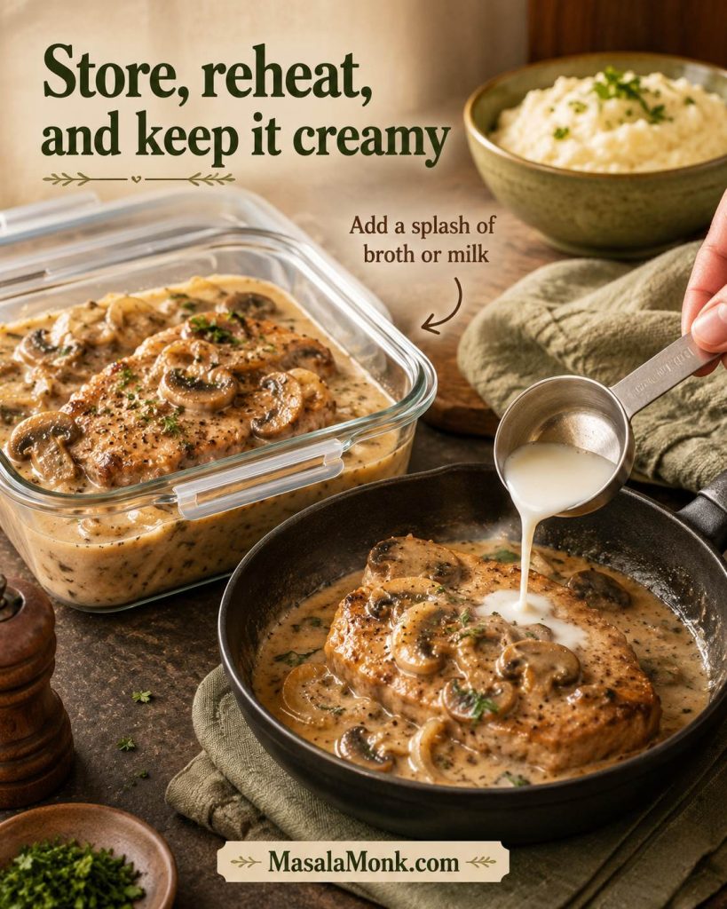 Storage and reheating guide showing cream of mushroom pork chops in a glass container and a skillet with broth or milk being added to loosen the gravy.
