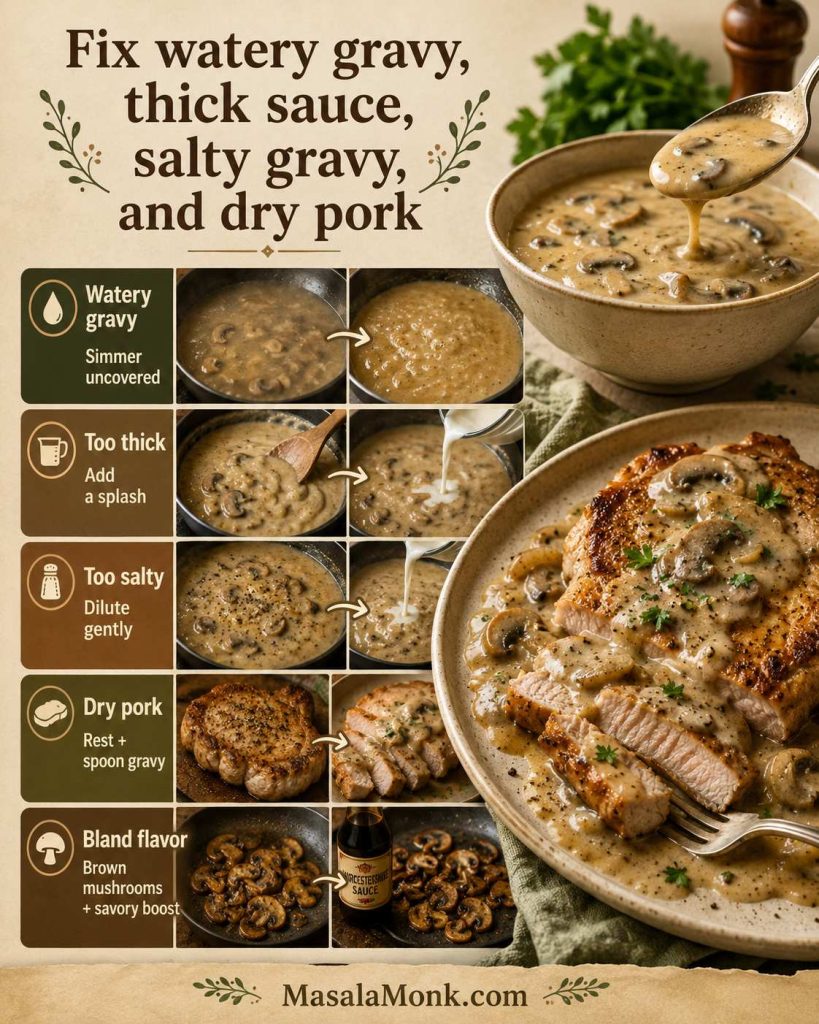 Troubleshooting guide showing fixes for watery gravy, thick sauce, salty gravy, dry pork, and bland flavor with mushroom gravy bowls, pork slices, liquid, browned mushrooms, and seasonings.