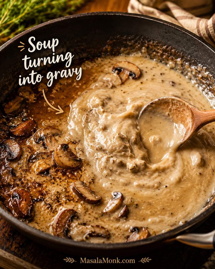 Cream of mushroom soup being stirred into browned mushrooms and pan drippings to make creamy mushroom gravy.