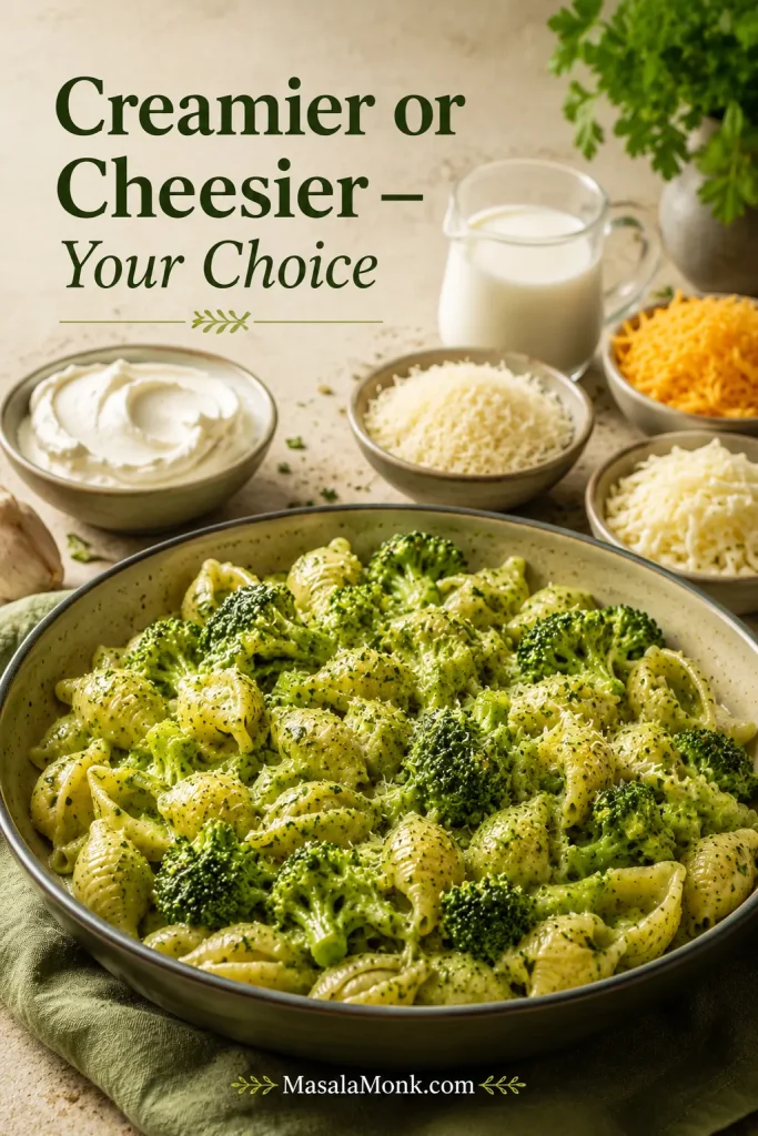 A bowl of glossy broccoli pasta with bowls of cream cheese, milk, grated Parmesan, cheddar, and mozzarella nearby, with text reading “Creamier or Cheesier — Your Choice.”