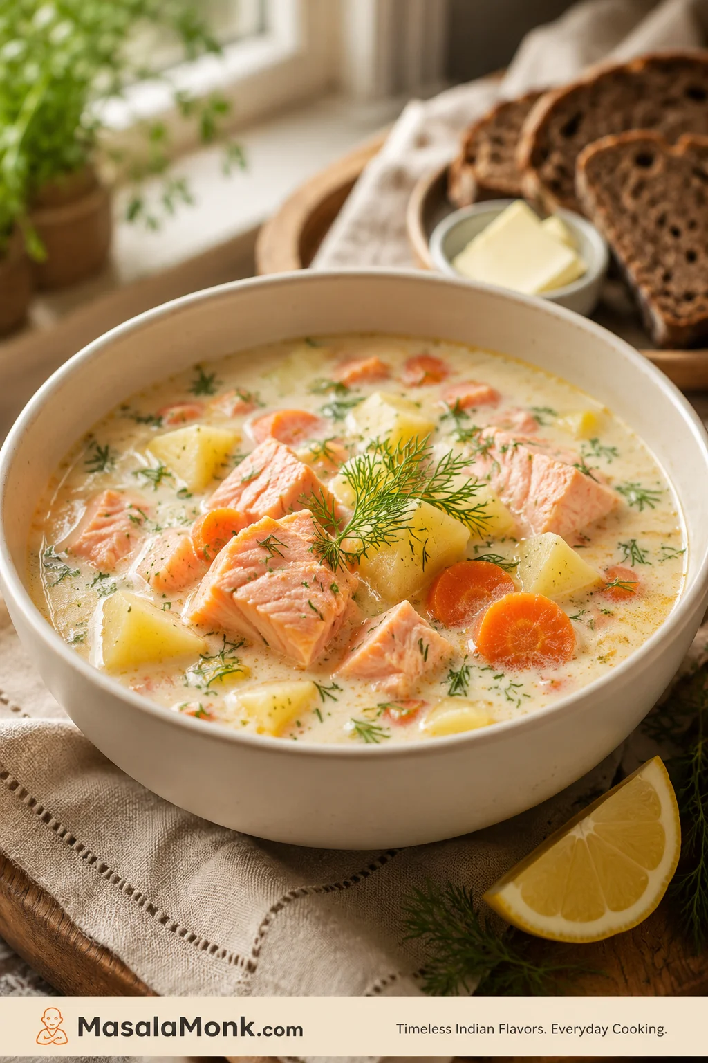 Alt text: Creamy Finnish-style salmon soup in a cream bowl with salmon chunks, potatoes, carrots, dill, lemon, rye bread, and butter.