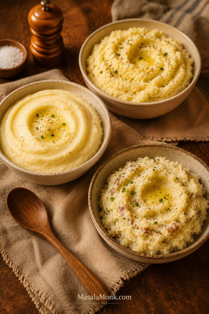 Three small servings of mashed potatoes showing smooth, fluffy, and rustic skin-on textures.
