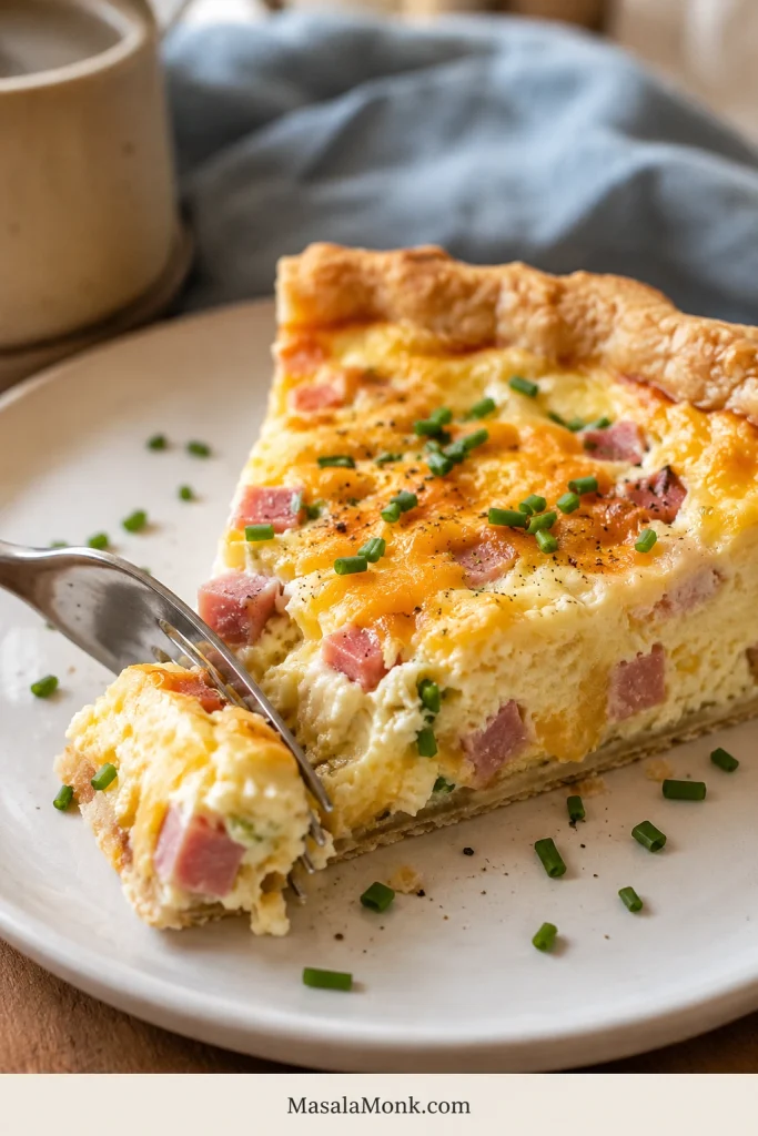 Close-up of a ham and cheese quiche slice on a white plate, with a fork cutting into the creamy custard and flaky crust.