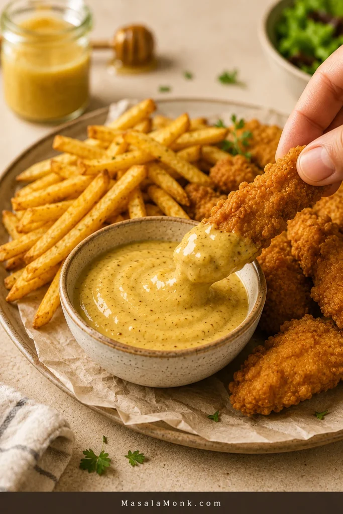 A cooked crispy chicken tender being dipped into thick creamy honey mustard sauce beside fries and more chicken tenders.