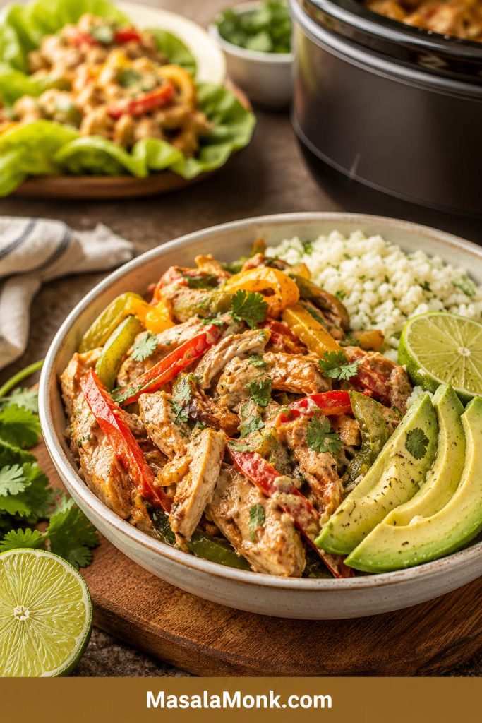 Creamy low-carb slow cooker fajita chicken served in a bowl with bell peppers, avocado slices, lime, cilantro, and cauliflower rice.
