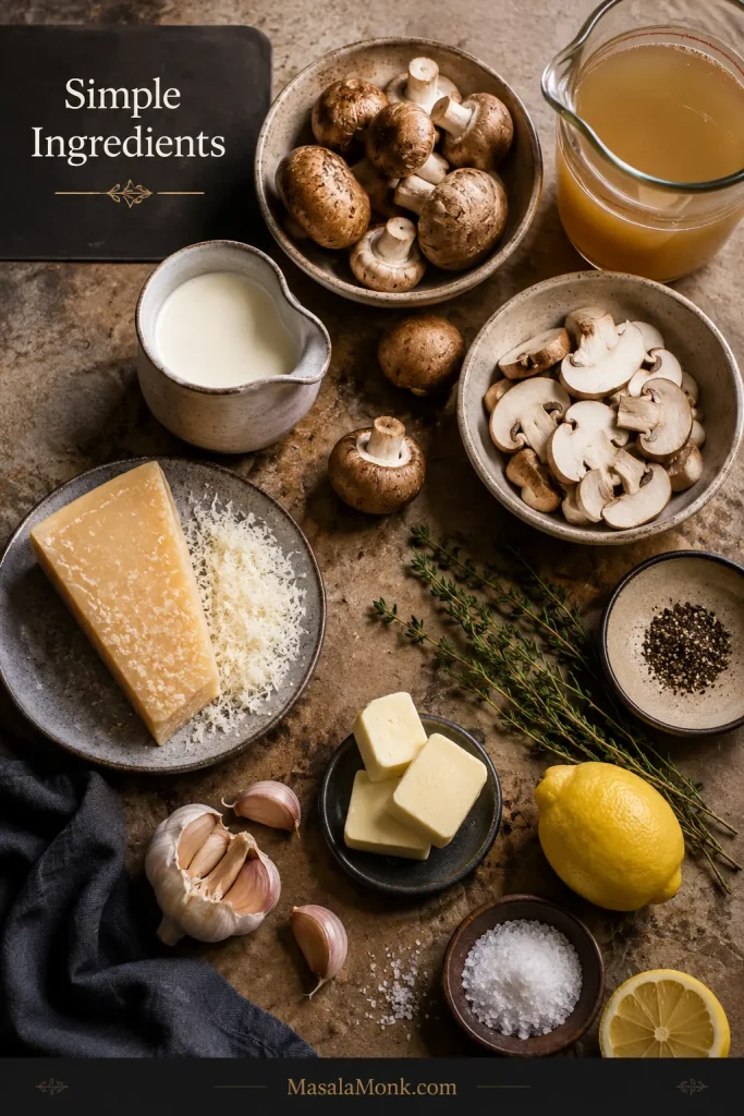 Ingredients for mushroom sauce arranged on a table, including mushrooms, cream, broth, parmesan, garlic, thyme, butter, lemon, salt, and black pepper.