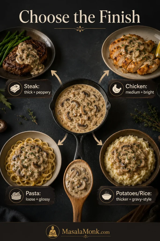Sauce map guide showing mushroom sauce served with steak, chicken, pasta, and potatoes or rice, with different finish notes for each.