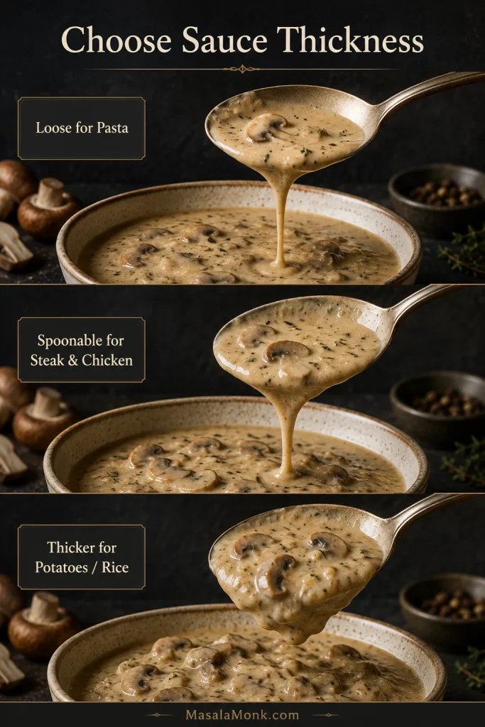 Guide showing three mushroom sauce thicknesses: loose for pasta, spoonable for steak and chicken, and thicker for potatoes or rice.