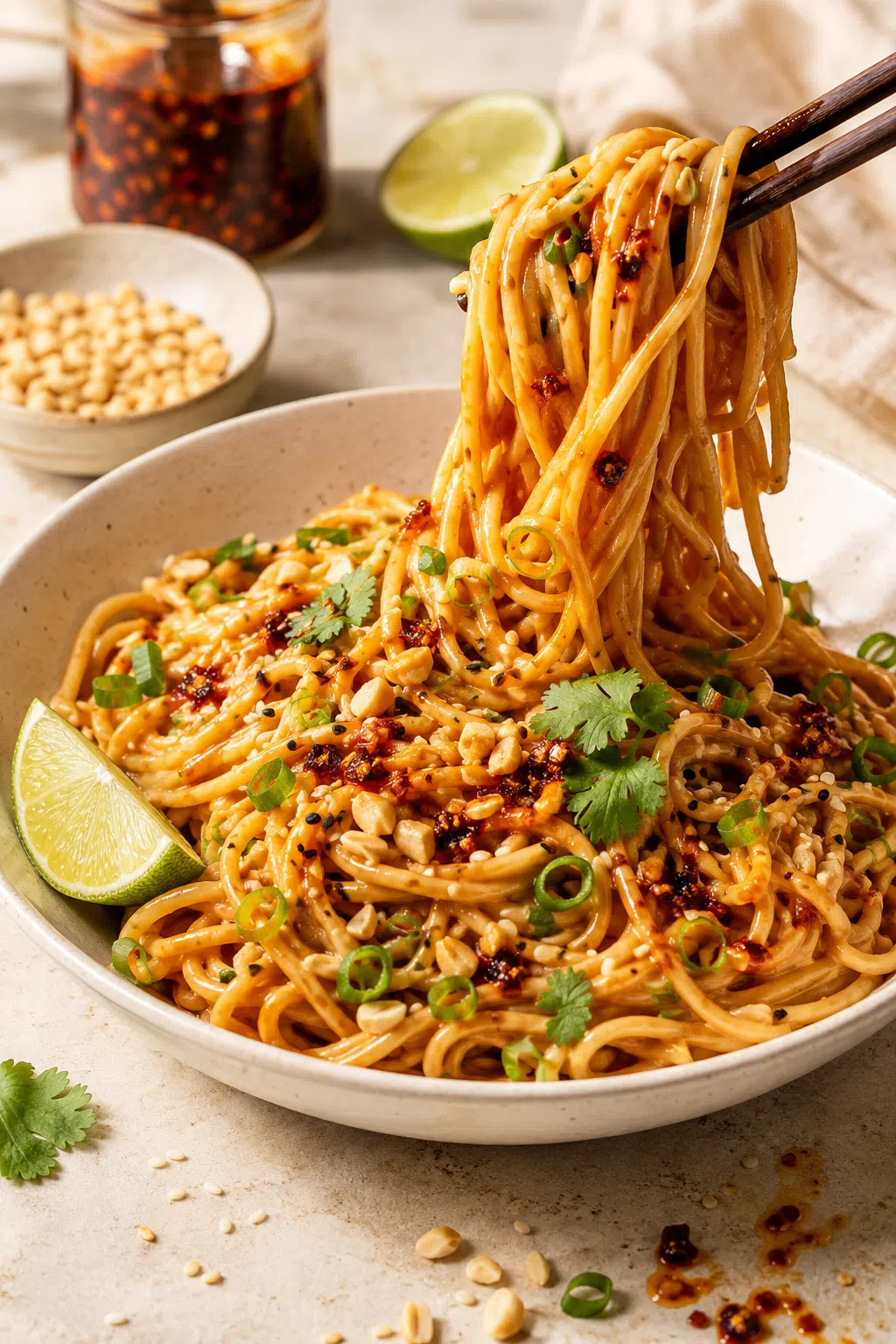 Bowl of creamy peanut noodles with chili crisp, scallions, chopped peanuts, sesame seeds, herbs, lime, and lifted noodles