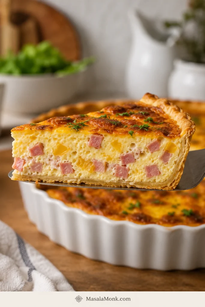 Slice of ham and cheese quiche lifted on a pie server, showing creamy custard, diced ham, melted cheese, and an intact bottom crust.